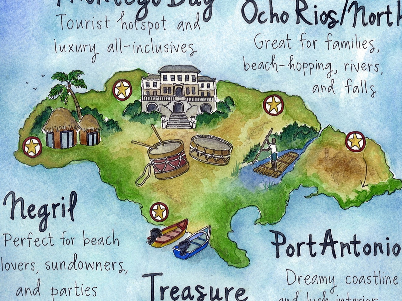 Tourist Map Of Jamaica Hand-Drawn Illustrated Maps For Jamaica Guidebook