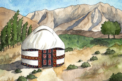 Watercolor illustration of a yurt